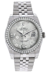 Rolex Datejust 36 Silver Floral Motif Dial 18K White Gold Diamond Bezel Jubilee Mens Watch 116244